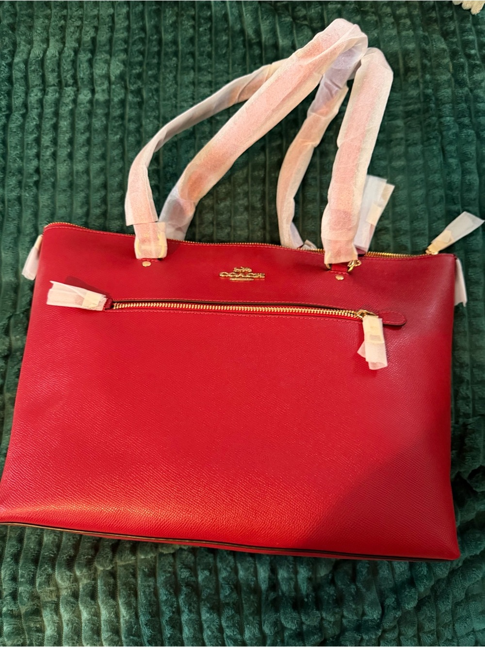 Coach Red Pebbled Leather Zip-Top Tote with Gold Hardware